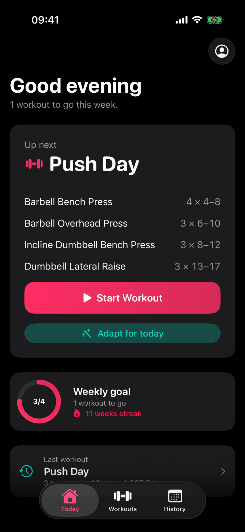 Spotter Today screen showing the next workout and weekly goal