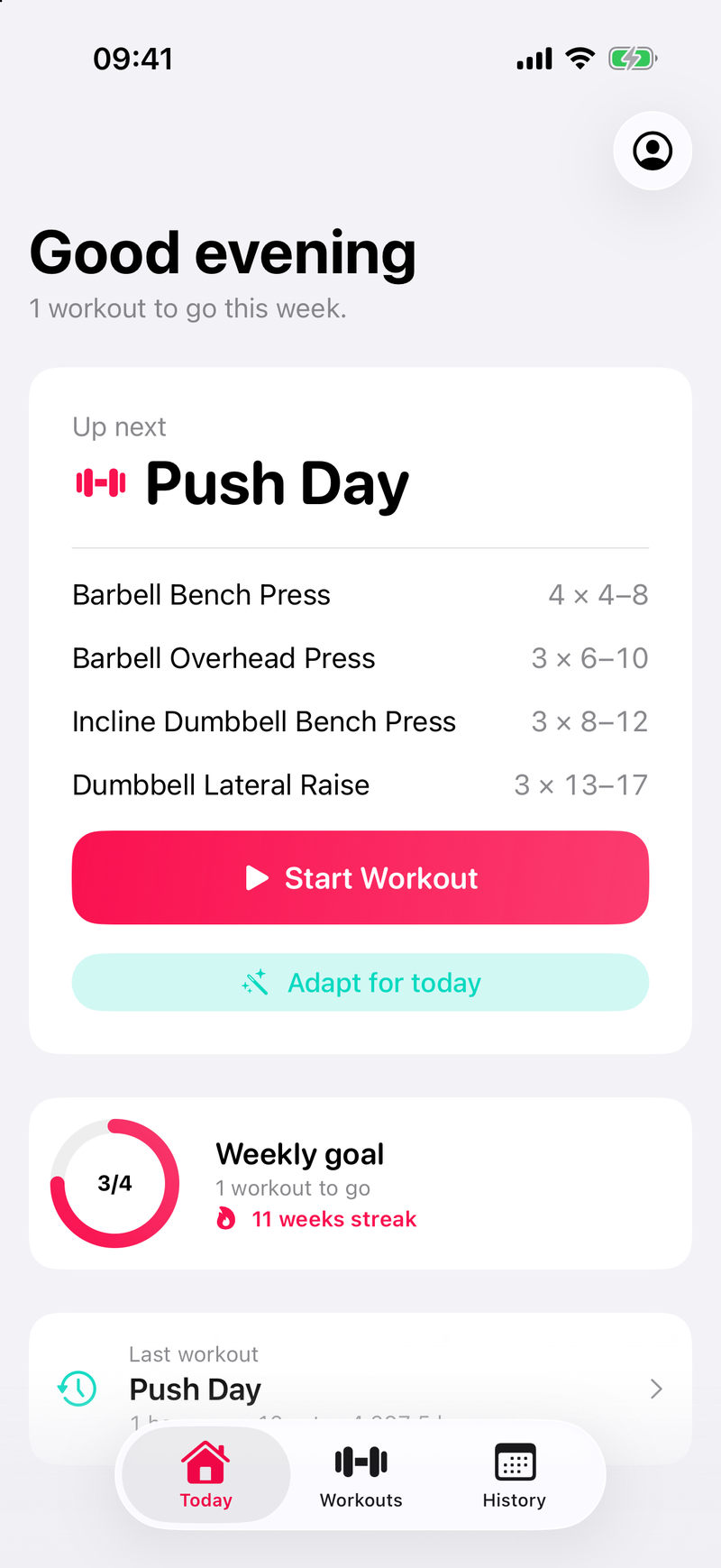 Spotter Today screen showing the next workout and weekly goal