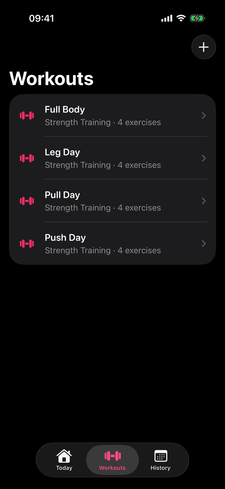 Spotter workout library with Push, Pull, Legs and Full Body routines